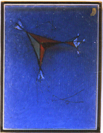 Osvaldo Licini, Angelo su sfondo turchino, 1958 ca., olio su carta intelata, cm 20,5x27,4